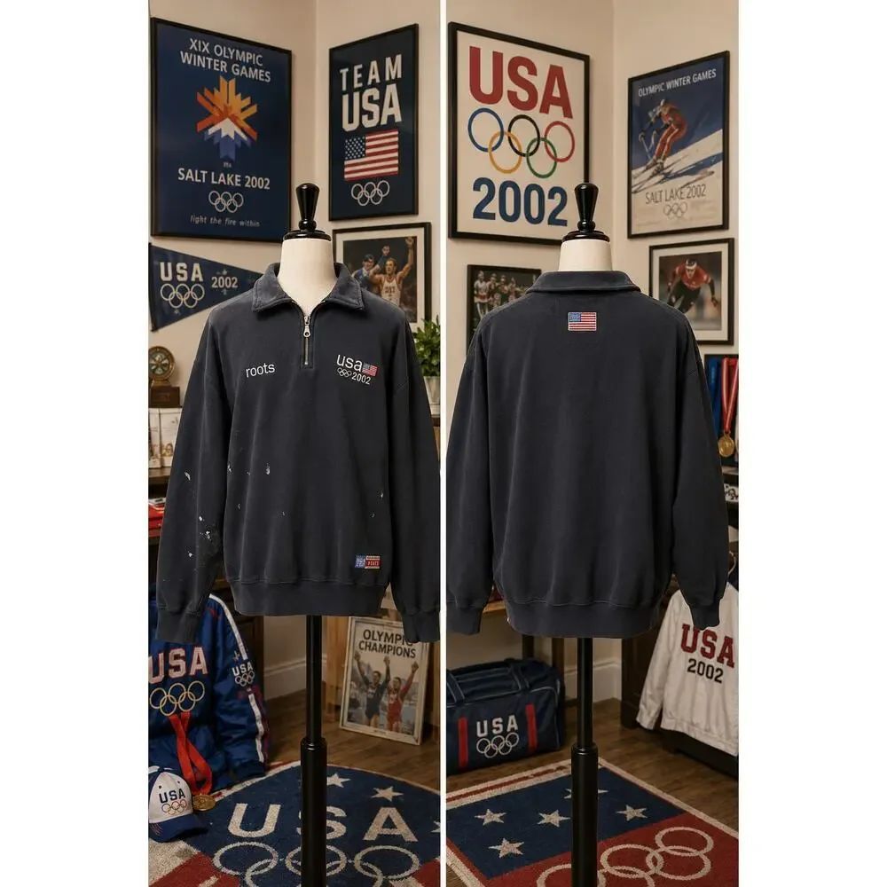 Vintage 2002 USA Olympic Team Roots Distressed 1/4 Zip Sweatshirt XL